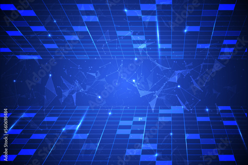 Abstract blue futuristic landscape horizontal square grid with laser glow light and low poly triangle shape vector background.