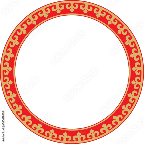 Vector gold and red Kazakh national round pattern, frame. Ethnic ornament of the nomadic peoples of Asia, the Great Steppe, Kazakhs, Kirghiz, Kalmyks, Mongols, Buryats, Turkmens