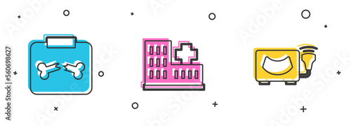 Set X-ray shots with broken bone, Hospital building and Ultrasound icon. Vector