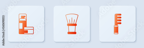 Set Shaving brush, gel foam and Hairbrush. White square button. Vector