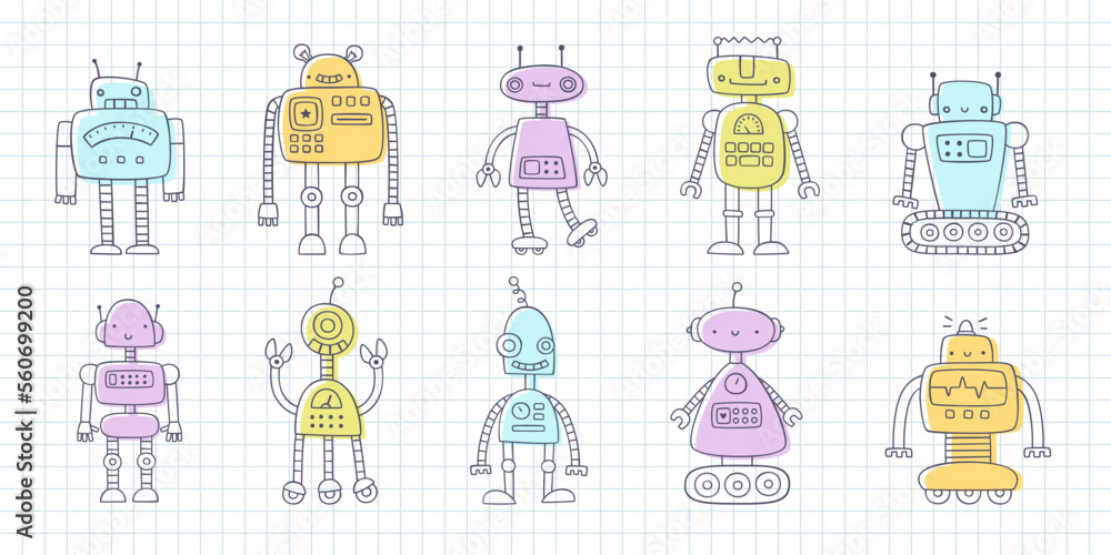 Doodle cute robots set for kids. Funny vector prints collection with hand drawn robots for children. Diverse drawn robot bundle. Doodle cute robots set for kids. Funny vector prints collection with hand drawn robots for children. Diverse drawn robot bundle.