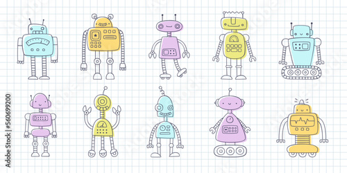 Doodle cute robots set for kids. Funny vector prints collection with hand drawn robots for children. Diverse drawn robot bundle.