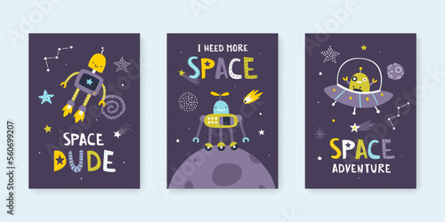 Space print set with cute robots. Cartoon baby cosmic poster collection with lettering. Wall art for nursery with robo astronauts.
