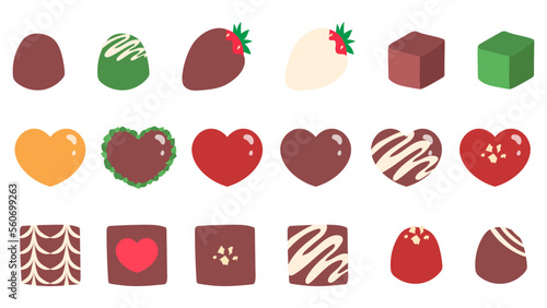 ハート型や四角系、イチゴなど色々なチョコレート。フラットな絵柄のベクターイラストセット。