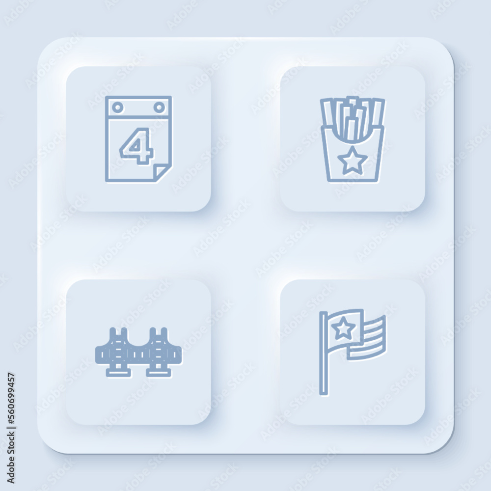 Set line Calendar with date July 4, Potatoes french fries in box, Golden gate bridge and American flag. White square button. Vector Set line Calendar with date July 4, Potatoes french fries in box, Golden gate bridge and American flag. White square button. Vector