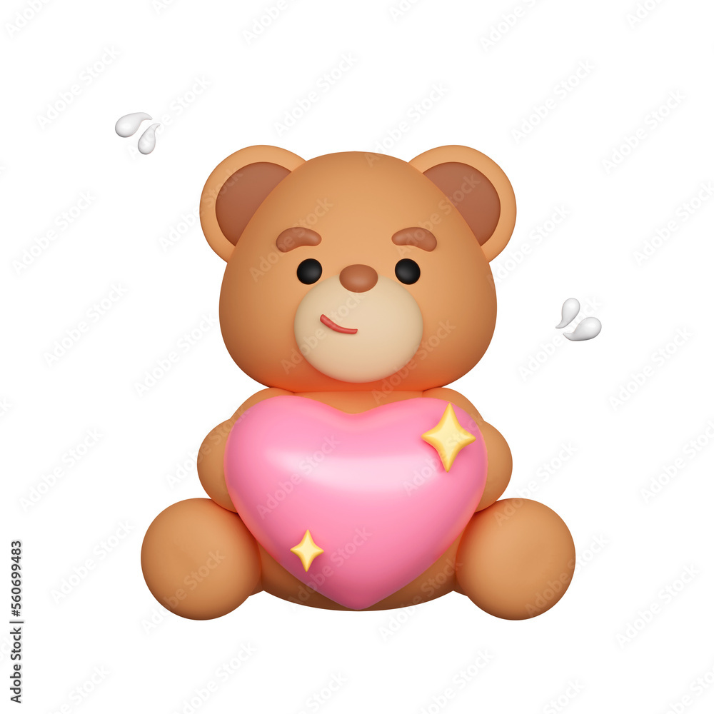 Fototapeta premium 3D toy teddy bear holding a heart. Congratulation to wedding or Valentine's Day. Isolated on ping background. clipping path. 3d render Illustration