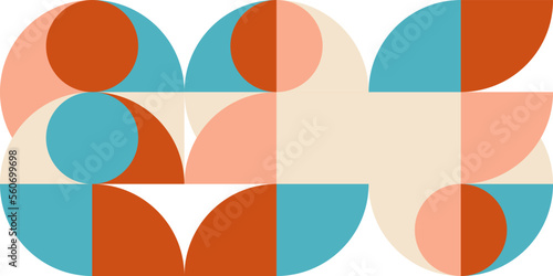 Geometric abstract vector seamless pattern with circles, rectangles and squares in retro Bauhaus style. Pastel colored simple shapes graphic background.