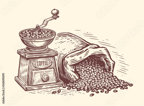 Coffee grinder and bag of coffee beans. Drink concept. Engraved hand drawn sketch vintage vector illustration