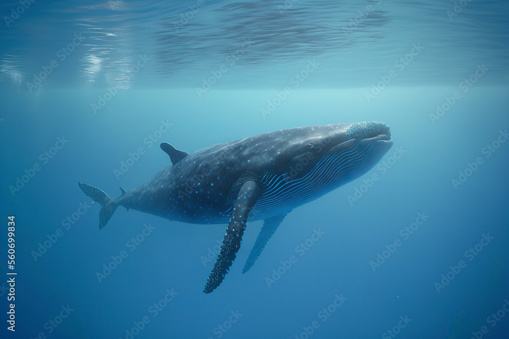 Fototapeta premium A Baby Humpback Whale Plays Near the Surface in Blue Water. generative ai