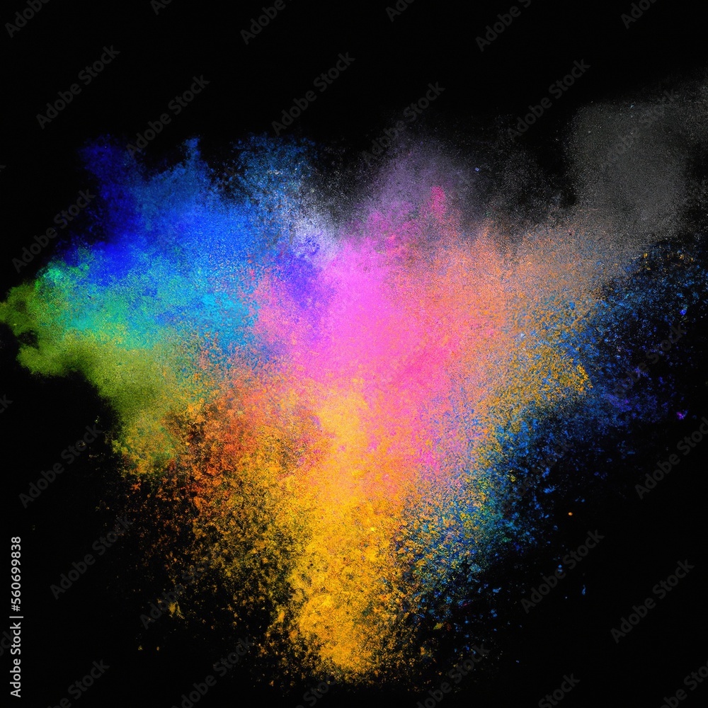 Explosion of colorful powder isolated on dark black background. Holi paint color dust explode in freeze motion. Abstract multi color party paint splash. Rainbow smoke powder texture. Generative AI art