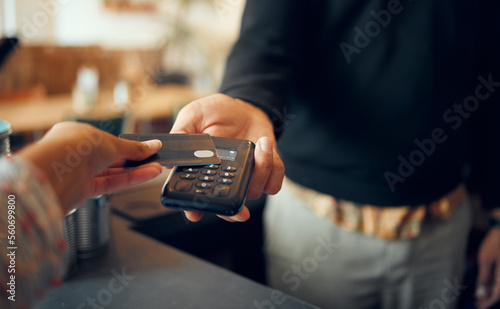 Bilde på lerret Credit card payment, pos and customer hands, store cashier or restaurant waiter with easy point of sale machine