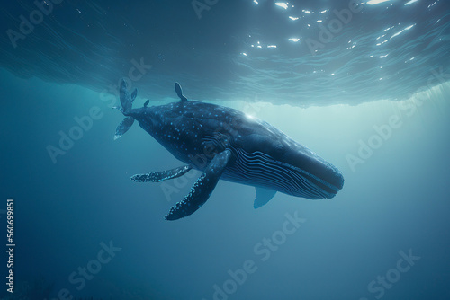 A Baby Humpback Whale Plays Near the Surface in Blue Water. generative ai © Neda Asyasi