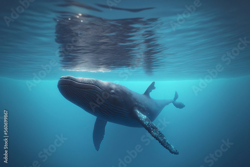 A Baby Humpback Whale Plays Near the Surface in Blue Water. Generative AI
