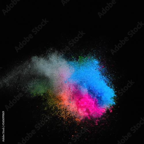 Explosion of colorful powder isolated on dark black background. Holi paint color dust explode in freeze motion. Abstract multi color party paint splash. Rainbow smoke powder texture. Generative AI art