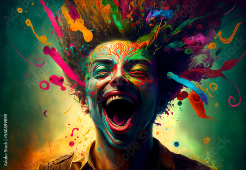 Person with rainbow paint and happy smiling expression. Generative AI, this image is not based on any original image, character or person.	
 photo