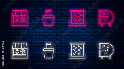 Set line Sand in bucket, Climbing wall, Shooting gallery and Kid playground slide pipe. Glowing neon icon on brick wall. Vector