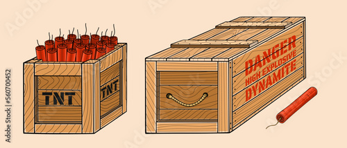 Dynamite set vector illustration. Box with ready explosives cartridge collection isolated