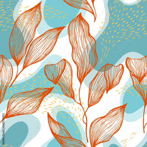 Sketch style doodle line texture leaves over stains and dots seamless vector ...