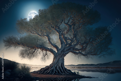 majestic tree of life, giant, lake, souls, moonbeam, scenery, art illustration