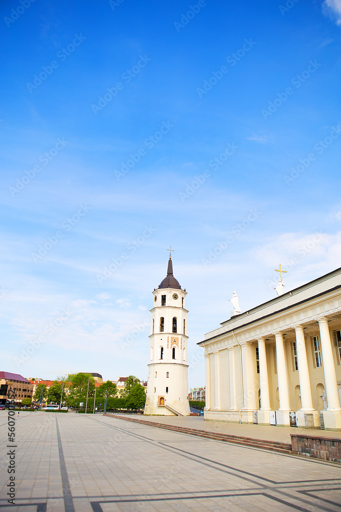 View of the bell tower and the cathedral of the Basilica of St. Stanislaus and St. Vladislav. Vilnius, Lithuania