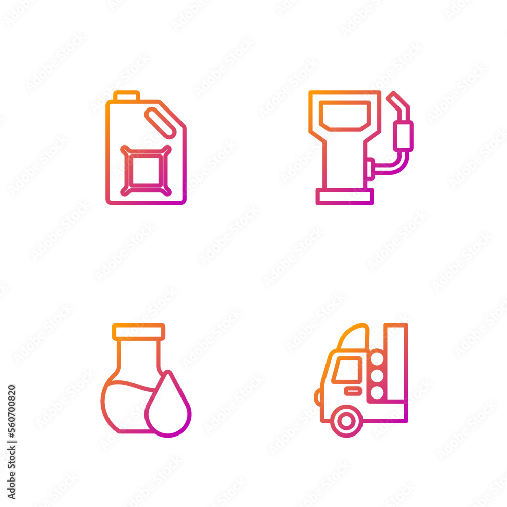 Set line Gas tank for vehicle, Oil petrol test tube, Canister motor oil and Petrol gas station. Gradient color icons. Vector Set line Gas tank for vehicle, Oil petrol test tube, Canister motor oil and Petrol gas station. Gradient color icons. Vector