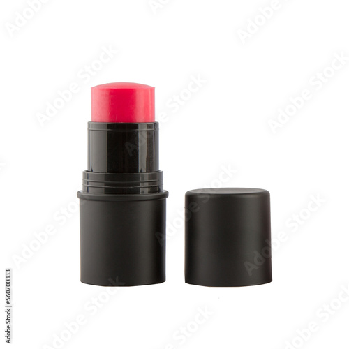 Bright cream blush in a black case on a stick on a white isolated background photo
