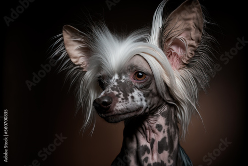 chinese crested dog pet portrait, head close-up, generative ai
