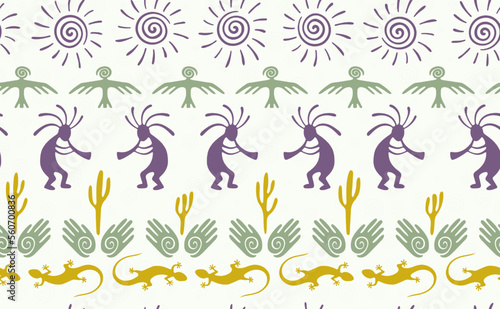 Kokopelli with flute, pangolin, hawk, sun symbol, hands and plant tribal vector seamless pattern.