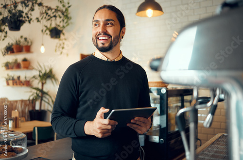 Portrait, startup cafe manager man with tablet for social media, networking or restaurant content review. Smile, motivation or coffee shop employee with tech for social network, blog or mobile app