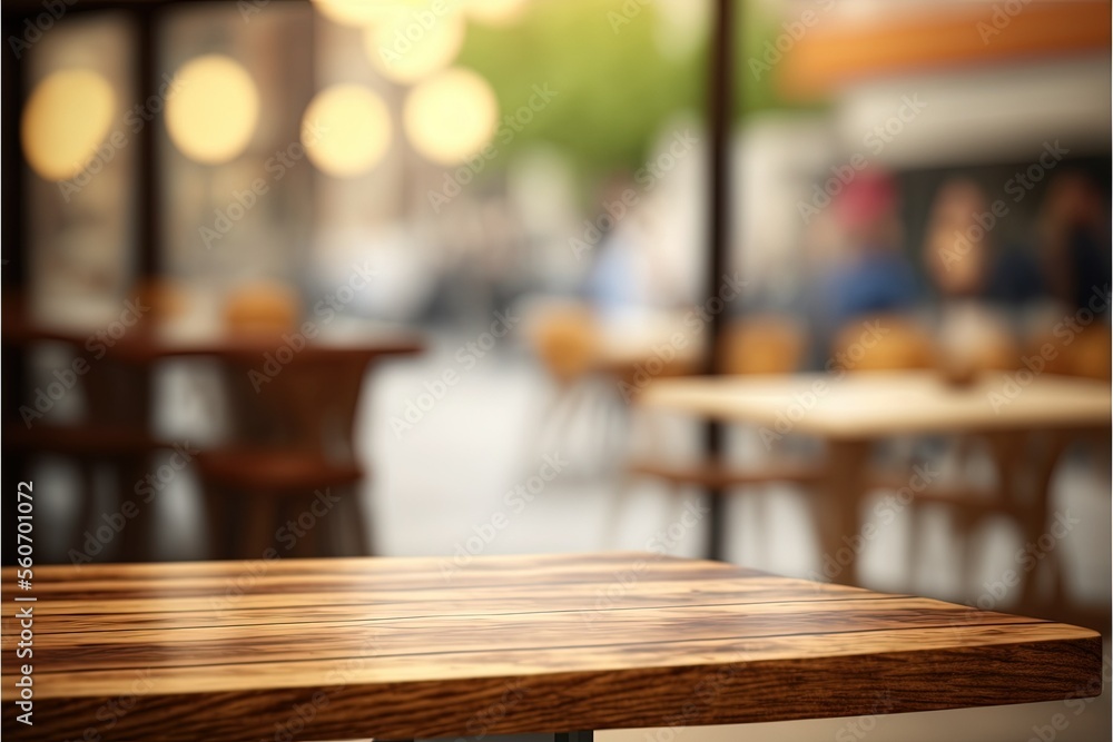 Wooden board empty table in front of coffee shop, ai generated
