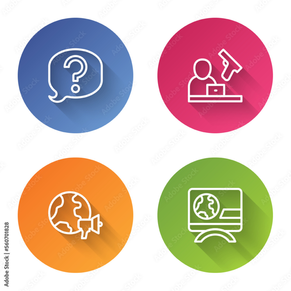 Set line Speech bubble chat, Crime news, World and Breaking. Color circle button. Vector Set line Speech bubble chat, Crime news, World and Breaking. Color circle button. Vector