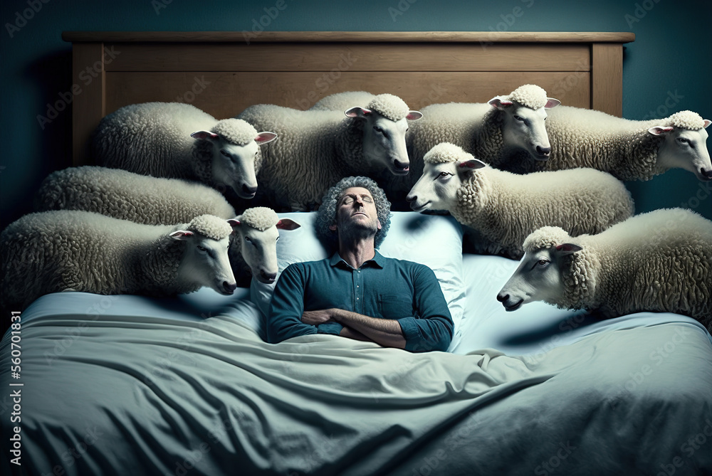 Schafe zählen im Halbschlaf - Generative AI - obrazy, fototapety, plakaty 