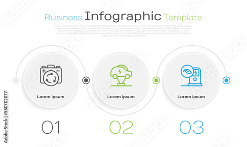 Set line Battery with recycle symbol, Electric car and charging station. Business infographic template. Vector