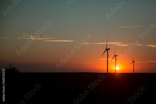 Three wind turbines against sunset in field photo