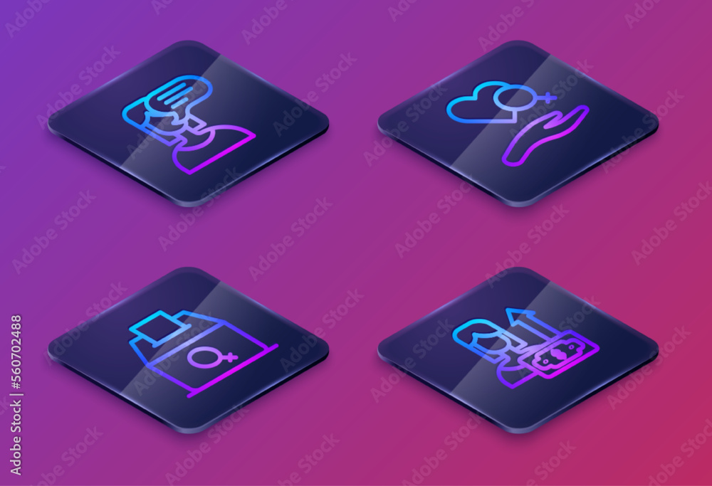 Set Isometric line Female opinion, vote right, Heart with female gender and Money growth woman. Blue square button. Vector Set Isometric line Female opinion, vote right, Heart with female gender and Money growth woman. Blue square button. Vector