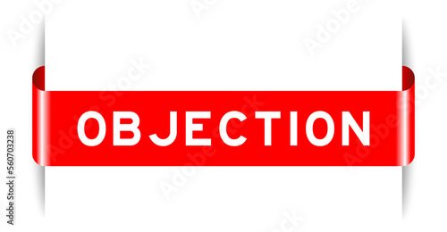 Red color inserted label banner with word objection on white background