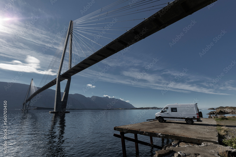 Camper Van under Helgeland Bridge, Nordland, Norway