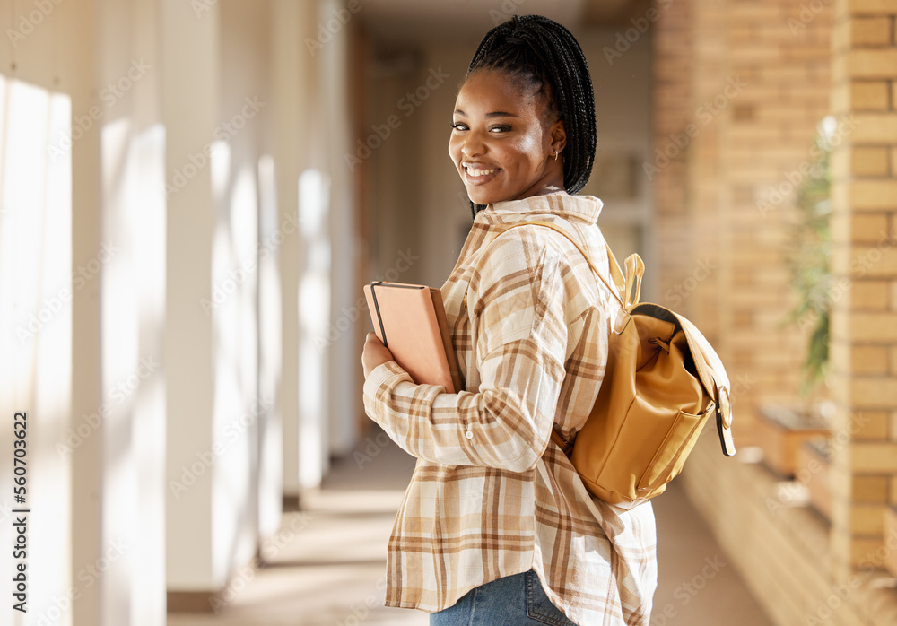 College student portrait, black woman and university with books and backpack while walking at campus. Young gen z female happy about education, learning and future after studying at school building - obrazy, fototapety, plakaty 