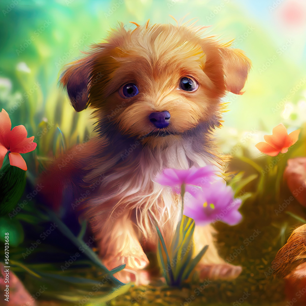 Cute dog puppy with flower in garden (Generative AI) Stock Illustration ...