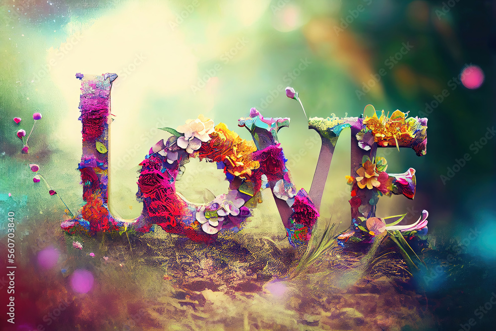 Love text letters design with colorful flowers in nature (Generative AI) - obrazy, fototapety, plakaty 