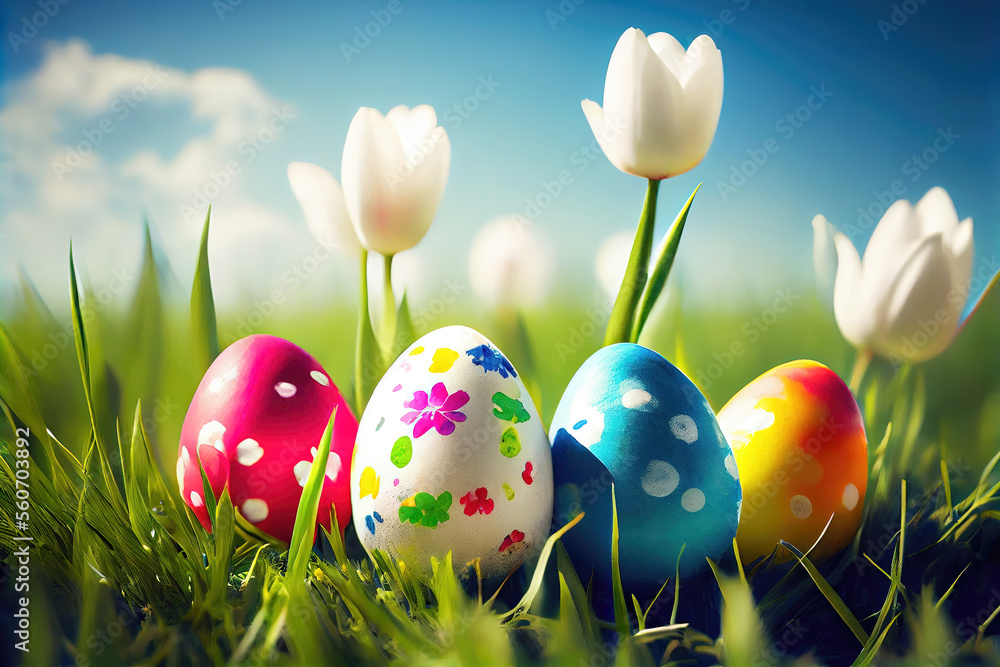 Colorful easter eggs hidden in grass under beautiful blue sky as easter background (Generative AI) Colorful easter eggs hidden in grass under beautiful blue sky as easter background (Generative AI)