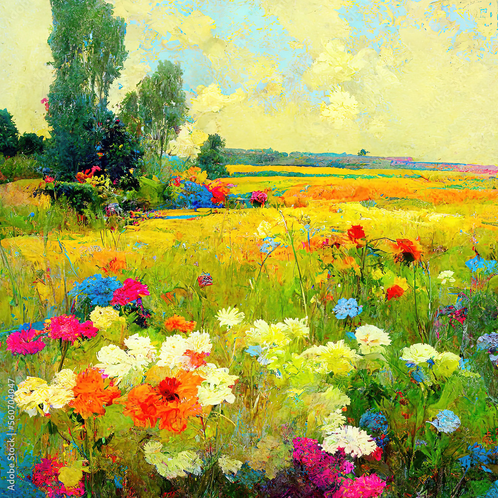 Field with colorful flowers in summer as digital painting (Generative ...