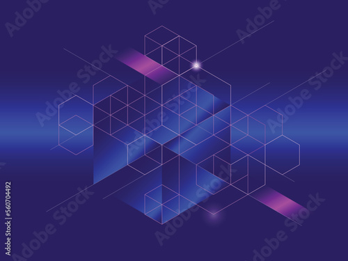 Modern digital blockchain composition on illuminated dark blue background