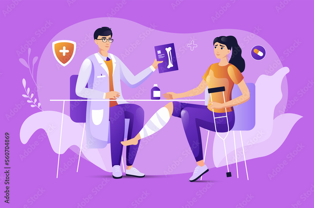 Medical clinic concept with people scene. Woman with broken leg in doctor office, therapist consults patient and shows her x-ray. Characters situation in flat design for web.