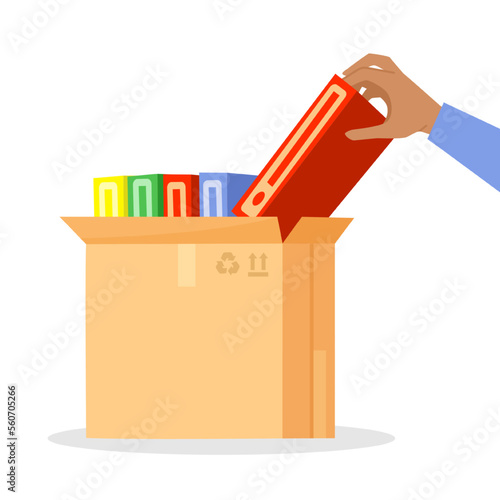Hand taking folder out of cardboard box vector illustration. Cartoon drawing of office worker or student taking document or book from box on white background. Storage, management, information concept