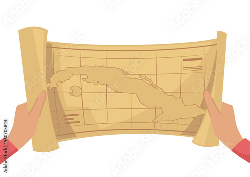Human hands holding pirate treasure map vector illustration. Cartoon drawing of person with map on old yellow paper on white background. Journey, traveling, vacation, geography concept