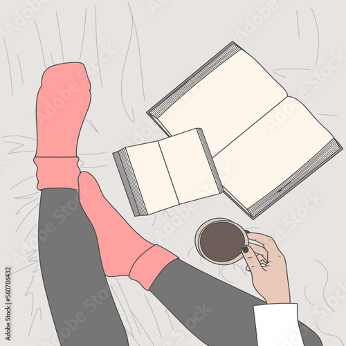 Free vector drinking coffee on bed with books and socks cozy atmosphere