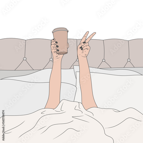 Free vector drinking coffee on the bed with happy hands and just getting up late