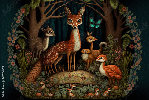 Animal creatures in a forest. Fantasy, fairytale illsutration photo