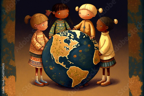 Generative Ai of children around the world. Children's day illustration.  photo